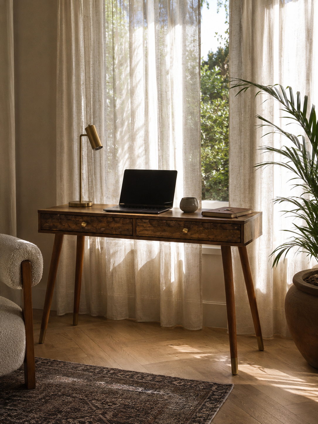 Frida Slim Wood Veneer Console Desk with Drawers – Compact Workspace Desk with Tapered Legs