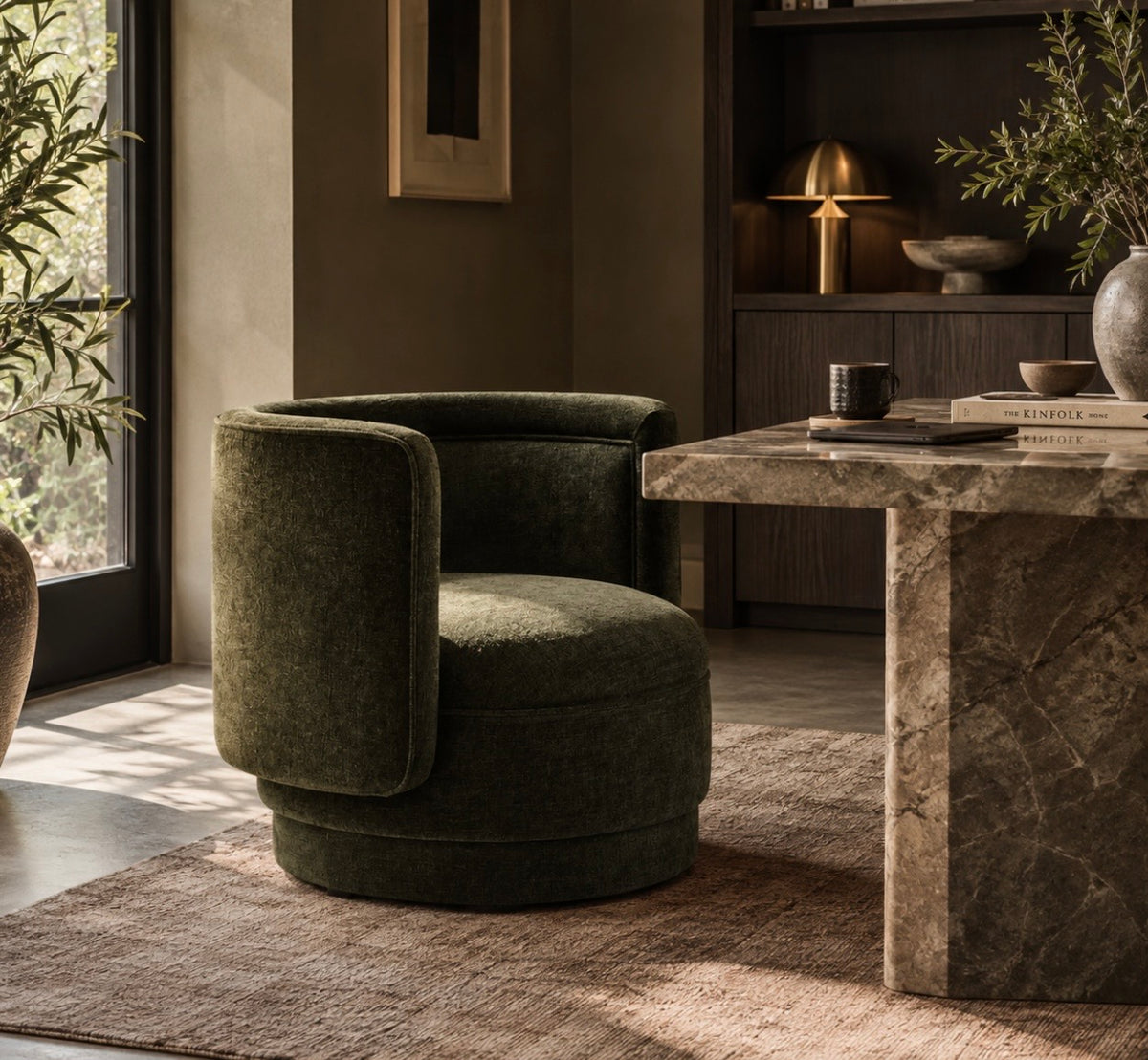 Drake Forest Green Chenille Curved Chair