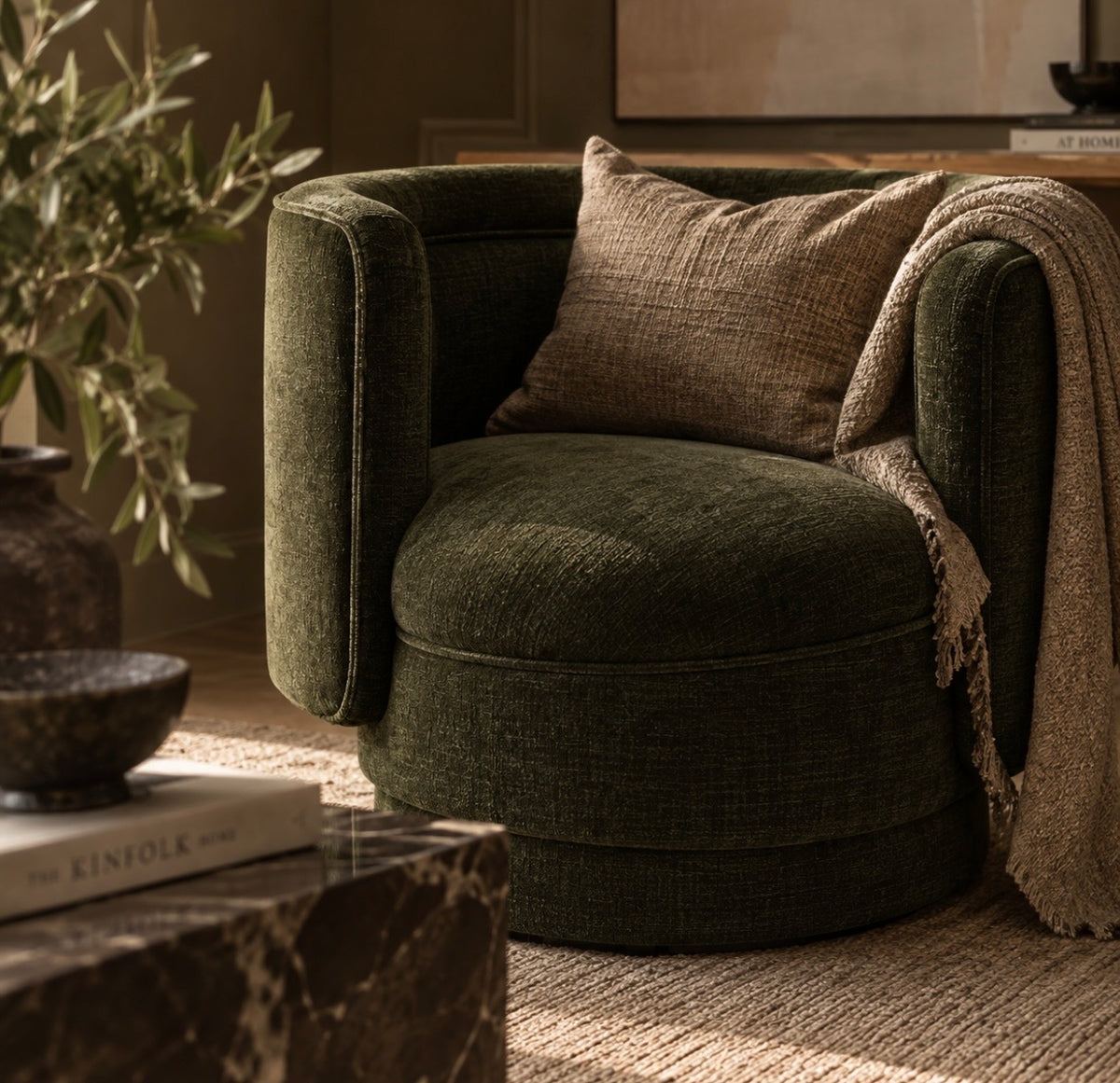 Drake Forest Green Chenille Curved Chair