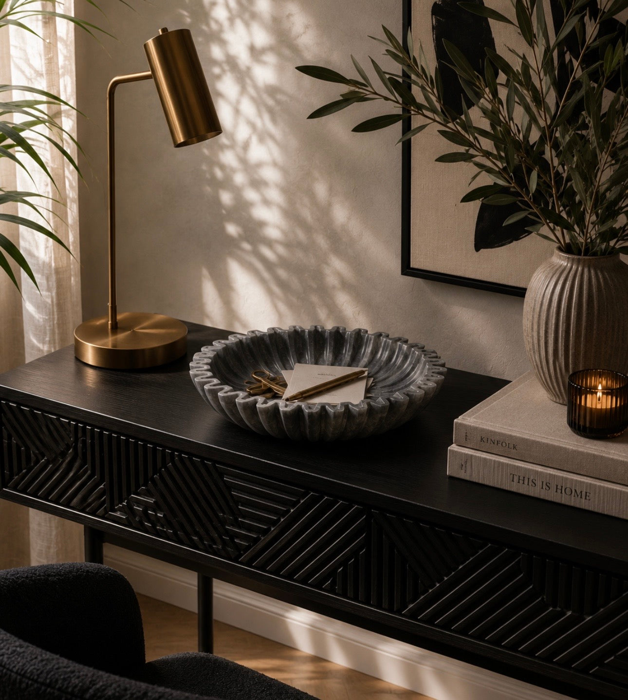 Savio Small Grey Fluted Marble Desk Bowl