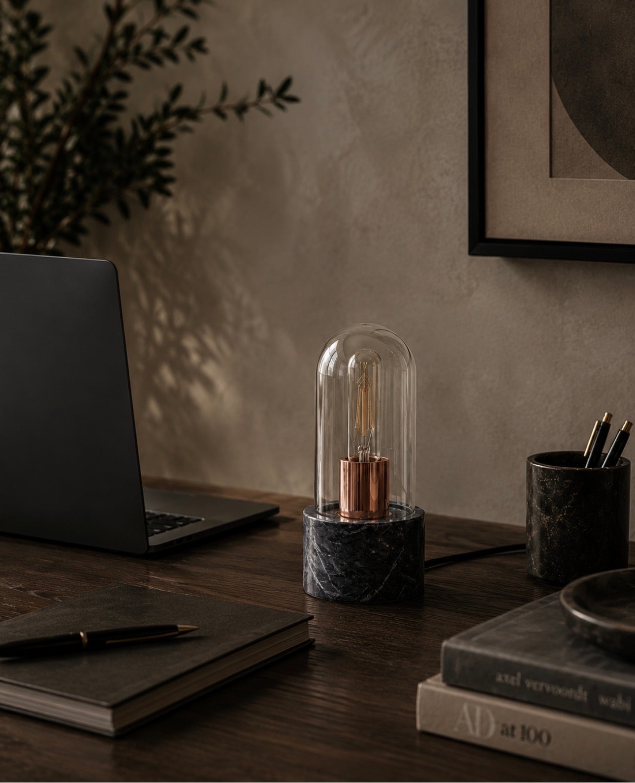Bell Table Lamp with Black Marble Base – Minimal Workspace Lighting with Glass Cloche