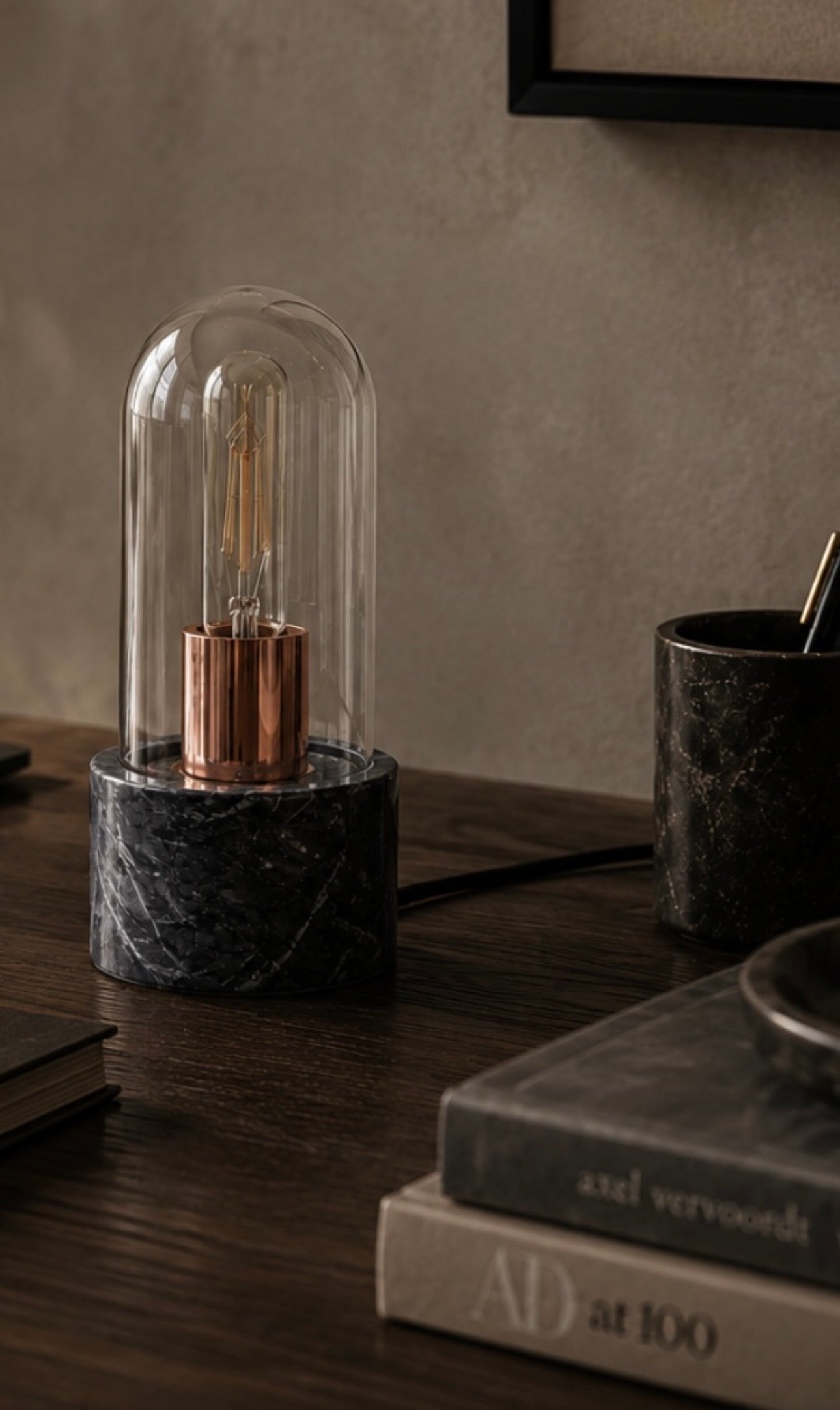 Bell Table Lamp with Black Marble Base – Minimal Workspace Lighting with Glass Cloche