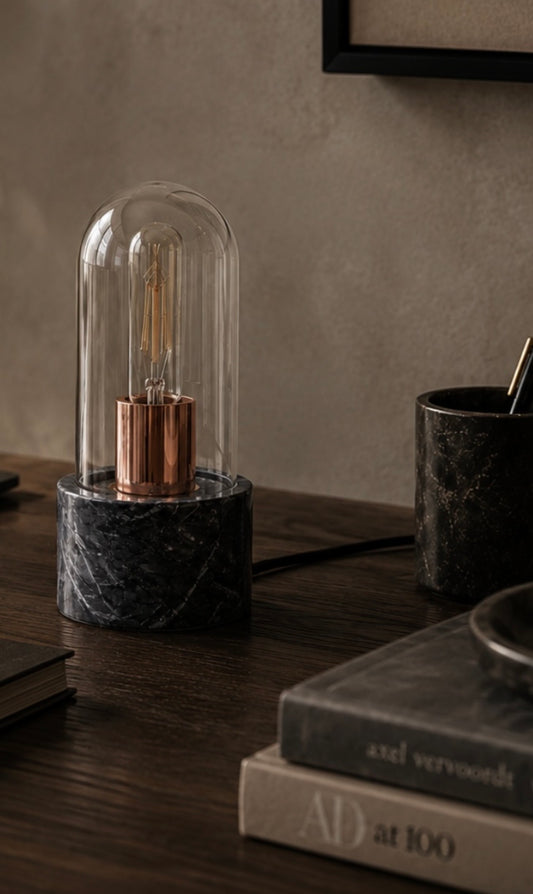 Bell Table Lamp with Black Marble Base – Minimal Workspace Lighting with Glass Cloche