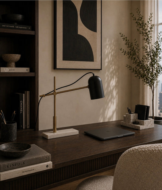 Black & Gold Adjustable Desk Lamp with Marble Base – Refined Workspace Lighting with Material Contrast