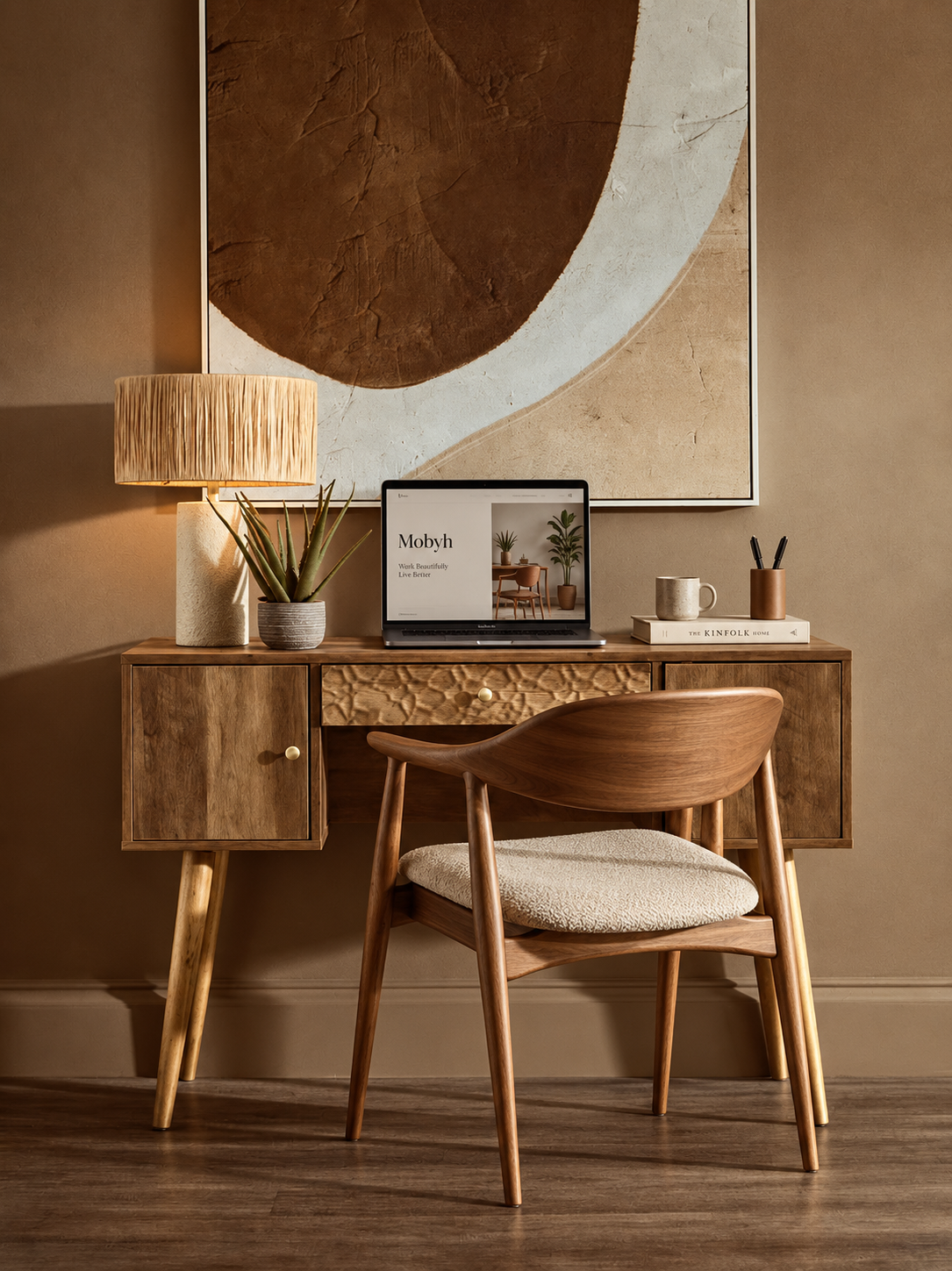 Frida Wood Veneer Desk with Drawer & Concealed Storage – Warm Minimal Workspace Desk with Gold Accents