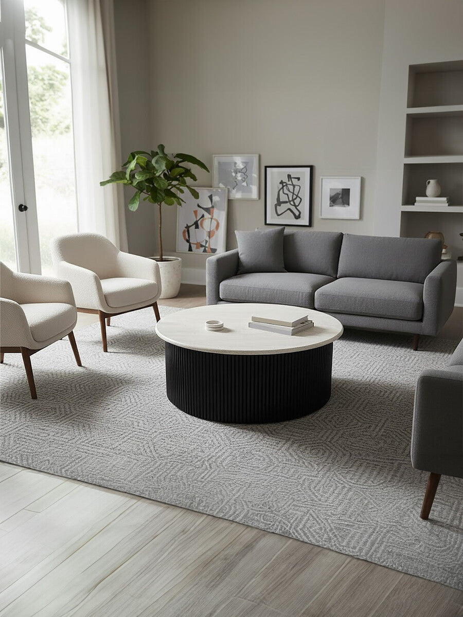Travertine Top Round Coffee Table for Workspace – Sculptural Stone Table with Black Wood Base