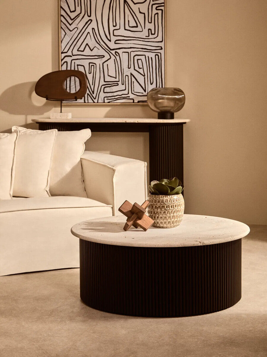 Travertine Top Round Coffee Table for Workspace – Sculptural Stone Table with Black Wood Base