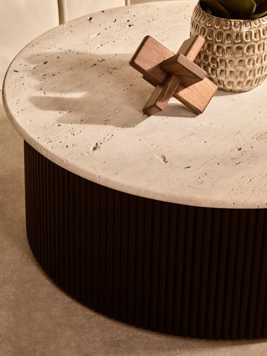 Travertine Top Round Coffee Table for Workspace – Sculptural Stone Table with Black Wood Base