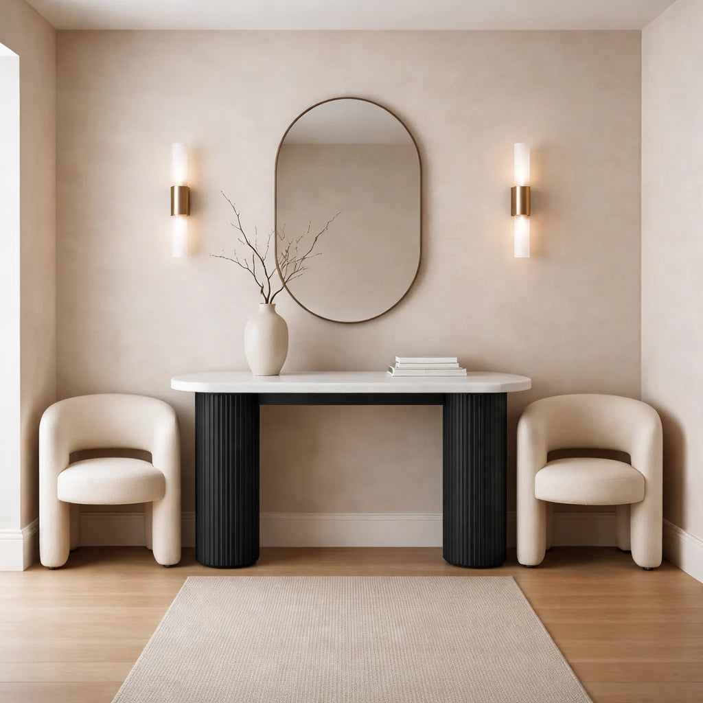 Travertine Top Console Table for Workspace – Modern Stone Console Table with Black Wood Legs