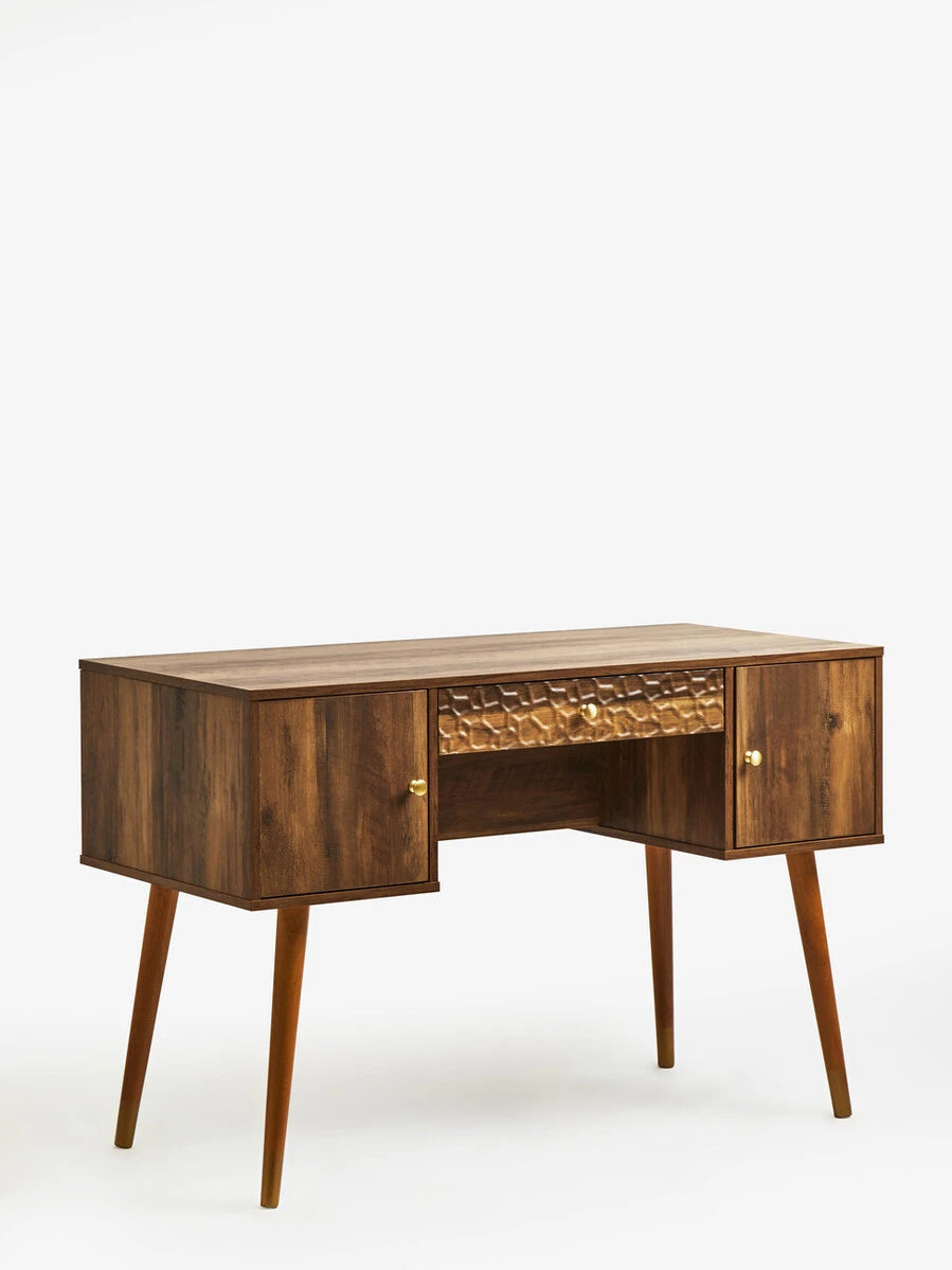Frida Wood Veneer Desk with Drawer & Concealed Storage – Warm Minimal Workspace Desk with Gold Accents